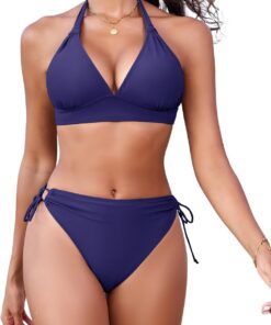 Bikini Damen Set Triangel Oberteil mit Knotendetail String Neckholder Bikinitop für Große Brüste Abnehmbare Pads Badeanzug Retro Sport