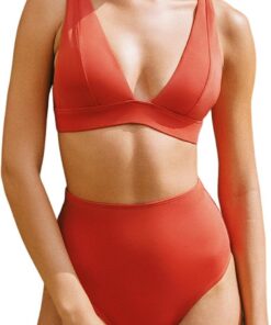 Damen Bikini hohe Taille,V-Ausschnitt Bauchkontrolle Badeanzug | high waist zweiteilig Bademode