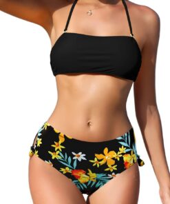 SHEKINI Damen Bikini Set Rückenfrei Bandeau Verstellbarer Neckholder Bikinioberteil Elegant Zweiteiliger Badeanzug Hohe Taille Bikinihose Bademode