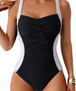 Badeanzug Damen Einteilige, Bauchweg Badeanzüge mit Cups Push Up Sexy Bademode V-Ausschnitt Colour-Blocking Shape Schwimmanzug Swimsuit