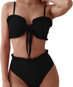 OUSIMEN Damen Bikini Set Rüschen-Bandeau High-Waist Verstellbar | Damen Bikini Set: V-Ausschnitt. High-Waist mit Schleifen-Detail. Bademode Zweiteiliger Badeanzug Swimsuit