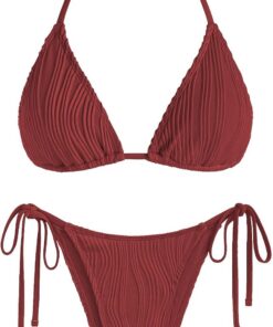 ZAFUL Damen Halter Trangle Bikini Set Tie-Side Cheeky Texture/Floral/Leopard Druck Zweiteiliger Badeanzug Bademode