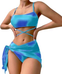 Women's Bikini Set Low Waist String Triangle Bikini with Skirt 3 Piece Bikini Swimsuit Tie Dye High-Cut Swimwear Swimming Trunks