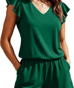 SHEKINI Frauen EIN Stück Schwimmen Romper V-Ausschnitt Ruffle Ärmel Bauch Kontrolle Badeanzug mit Taschen bescheidene Badeanzug Shorts