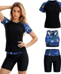Owntop UV Rashguard Set Damen 3-teilig – Kurzarm Schwimmshirt mit Tanktop & Badehose, Schnelltrocknende Swimwear mit UV Schutz für Strand Schwimmen Wassersport