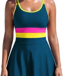 SHEKINI Damen Badeanzug mit Rock Bauchweg Tiefes U-Ausschnitt Badekleid mit Einstellbaren Trägern & Abnehmbaren Polstern