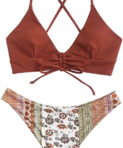 ZAFUL Damen Zweiteilig Bikini-Set mit verstellbarem BH Push-Up Rücken, Triangle Bustle Badehose mit Blummenmuster