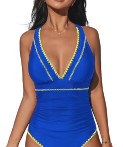 CUPSHE Damen Badeanzug V Ausschnitt Raffung Kreuzträger Schwimmanzug | Bequeme Passform, Mittlere Bedeckung, Für Strand und Pool