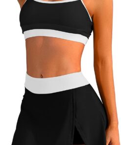 SHEKINI Damen Bikini Set High Waist Baderock mit Sicherheitsshorts Bandeau Bikini Oberteil Farbblock Badeanzug Zweiteiliger Bauchweg Bademode Badeanzugkleid
