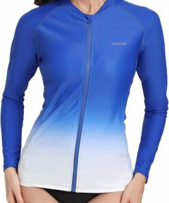 Damen UV Shirt Full Zip Langarm Rashguard Schnelltrocknend Sonnenschutz UPF50+ Surf Schwimmen Bademode
