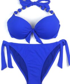 Damen Seitlich Gebunden Bikini Sets Abnehmbar Bademode Push up Bikinioberteil mit Nackenträger