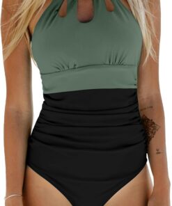 CUPSHE Damen Badeanzug High Neck Zierausschnitten Raffung Bauchweg | Strandmode Einteilige Bademode, Glattes Stretchmaterial, Verstellbare Bänder, Raffungen an der Taille, Volle Abdeckung
