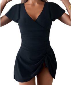 TcIFE Damen Badeanzug Badekleid Einteiler V-Ausschnitt Rüschen Flügelärmel | Damen Badekleid Einteiler mit V-Ausschnitt, Rüschen, Flügelärmel und Knoten vorne für den Strand Minirock Badeanzüge