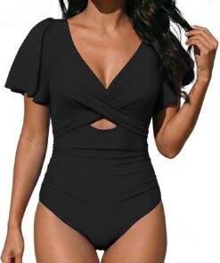 Damen Badeanzug Bauchweg Rüschen One Piece V Ausschnitt Badebekleidung Push up Hoch Monokini mit Bauchkontrolle Swimsuit Cross Swimwear