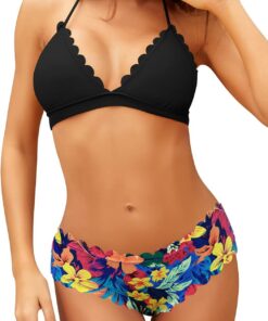 SHEKINI Damen Triangle Bikini Set Wellige Bademode Bunt Blumenmuster Badeshorts Sommer Zweiteiliger für Frauen Neckholder Schnürung Badeanzug
