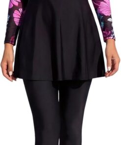 AGYMNX Muslimischen Bademode Damen Lange Ärmel Volle Abdeckung Muslim Badeanzug Zwei Stück Runder Hals Gedruckt Swimsuit Bademode Badehose Strandkleidung