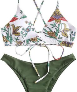 ZAFUL zweiteilig Bikini-Set, Sonnenblumenmuster Frauen drucken Push-Up gepolsterter BH Beach Bikini Set Triangle Badehose