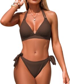 Genfien Damen Bikini Set V Ausschnitt Neckholder Low Waist Schnürung Bademode Zweiteiliger Badeanzug Swimsuit