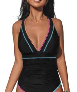 CUPSHE Damen Badeanzug V Ausschnitt Raffung Kreuzträger Schwimmanzug | Bequeme Passform, Mittlere Bedeckung, Für Strand und Pool