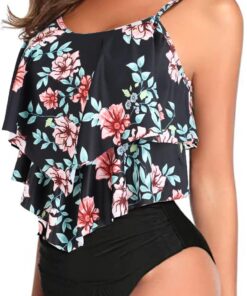 Genfien Bikini Sets für Damen Rüschen Zweiteiliger High Waist Shorts | Mit Brustpolstern,Verstellbare Schulterriemen,Bademode mit Hohe Taille