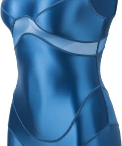 LEOHEX Damen Glänzender Bodysuit Upgrade Seidig Mockneck Mesh-Einsatz Yoga Tanz Gym Rave Badeanzug