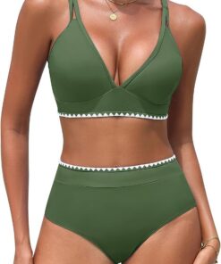 UMIPUBO Bikini Damen Set High Waist Push Up Bauchweg Zweiteiler V-Ausschnitt Große Brüste Bademode Hoher Taille Colour Blocking Mit Muschelkante Badebekleidung