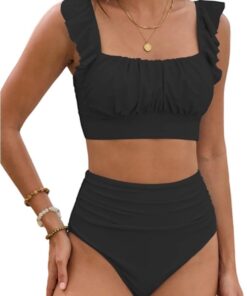 Bikini Damen Set Bauchweg Zweiteiliger Rüschen Quadratischer Ausschnitt Badeanzug High Waist Push Up Tank Bikini Bademode Swimsuit