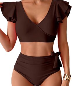 Badeanzug Damen Bauchweg,Sexy V Ausschnitt Zweiteiliger Badeanzüge Rüschen High Waist Push Up Bademode Lace Up Bikini Swimsuit