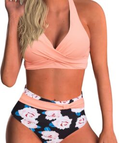 Baynetin Damen Bikini Set Zweiteiliger Badeanzug V Ausschnitt überkreuztes Blumenmuster Sexy Push Up Bademode Bauchkontrolle Swimsuit