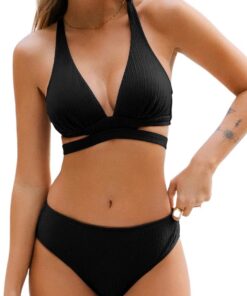 CUPSHE Damen Bikini Set V Ausschnitt Schlitz Lace Up Mid Waist Texturierte Bademode Zweiteiliger Badeanzug Swimsuit