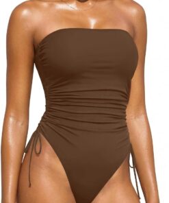 Yonique Trägerloser einteiliger Damen-Badeanzug, Bauchkontrolle, Bandeau-Badeanzug, freche Bademode