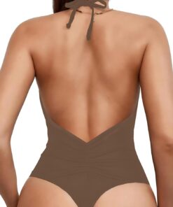 Sexybody Damen-Bikini, hohe Taille, einteiliger Badeanzug, gerippt, Bauchkontrolle, Ausschnitt, gerüschter V-Ausschnitt