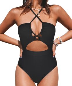 CUPSHE Damen Badeanzug Neckholder Schnürung Tierdruck Cutout Crossover | Einteilige Bademode Swimsuit, V-Ausschnitt mit Cutout, Verstellbare Träger, Überkreuzte Träger im Rücken, Strand & Pool