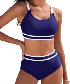 Yuson Girl Damen Bikini Set High Waist Zweiteiliger Badeanzug Push Up Bademode Bauchkontrolle Colour-Blocking Sport Bikini Damen Sexy Bikini-Sets für Damen Bauchkontrolle Swimsuit