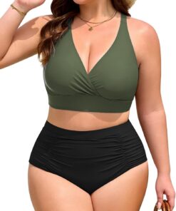 Nadeer Plus Size Zweiteiliger Bauchweg Bikini Damen Set GerÜScht Push Up High Waist Bademode Gekreuzter RÜCken Swimsuit