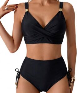 Damen Bikini Sets Zweiteiliger V Ausschnitt Kordelzug Side Badeanzug Hoher Taille Bauchweg Bikini Swimsuit