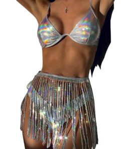 SNOMYRS Paillettenrock Fransen Holographische Disco Cowgirl Outfit Glitzernde Kleider Crop Top Bikini Festival Outfits
