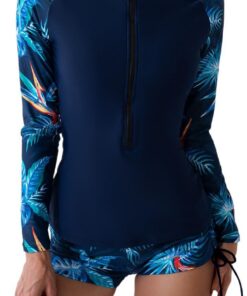 Owntop 2-teiliger Rash Guard Damen, Langarm Badeanzüge UV UPF 50+ Schwimmshirt, Reißverschluss Rash Weste, Blumen Bademode mit Hoch Tailliertem Boyshort Unterteil zum Schwimmen Surfen
