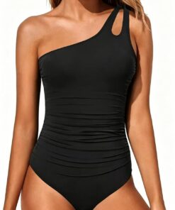 Badeanzug Damen Bauchweg One Shoulder, Badebekleidung Sexy mit Shaping Effekt, Bademode Damen Große Größe, Schwimmanzug mit Cups, One Piece Swimsuit Push up, Swimwear for Women, Schwarz