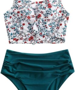 ZAFUL Damen Zweiteiliger Tankini, gepolsterter Bikini mit Blumenmuster Schnür-Tankini Oberteil hochtaillierte Shorts Badeanzug
