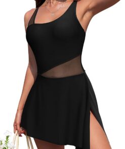 SHEKINI Einteiliger Badeanzug für Damen Elegant Bauchweg Badeanzugkleid mit Split Seitlicher Knoten Schwimmanzug Mesh Badekleid Bademode Sommer Swimsuit