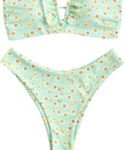 ZAFUL Damen Bandeau Schulterfrei Bikini Set Sexy Strandkleidung mit Blumenmuster Knote