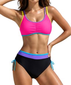 SHEKINI Damen Bikini Sets Farbe Block Kreuz Krawatte zurück Top mit Schnüre Schwimmbotten Zwei Teile Badeanzug