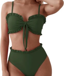 OUSIMEN Damen Bikini Set Rüschen-Bandeau High-Waist Verstellbar | Damen Bikini Set: V-Ausschnitt. High-Waist mit Schleifen-Detail. Bademode Zweiteiliger Badeanzug Swimsuit