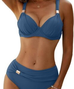 Yutdeng High Waist Bikini Damen Set mit Bügel Push Up Bikini Bauchweg Triangle Bikini mit Hohem Bund Dekorativen Metall Bademode Bauch Weg Bikini-Sets für Damen Badeanzug Zweiteiliger