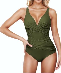 Badeanzug Bauchweg Push Up Mit Shaping Effekt V Ausschnitt Raffung Einteilige Bademode Swimsuit Wickeloptik Verstellbaren Monokini Strandmode