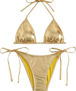 SEAUR Metallic Bikini für Frauen Zweiteiliger Sexy Triangel High Cut Strings Bottoms Badeanzug mit String Neckholder Tops Bademode