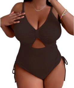 Sexybody Damen-Bikini, hohe Taille, einteiliger Badeanzug, gerippt, Bauchkontrolle, Ausschnitt, gerüschter V-Ausschnitt