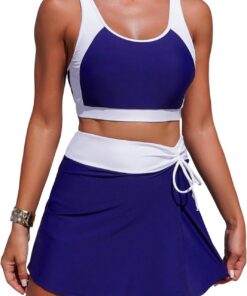 Bikini Set mit Rock Damen Sport Zweiteiliger Badeanzug Tank Top und Schwimmrock mit Shorts Frauen für Strand S