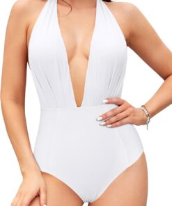 SHEKINI Damen Einteiliger Badeanzug Rückenfrei Monokini Bademode Verstellbar Neckholder Tiefen V Ausschnitt Strandmode